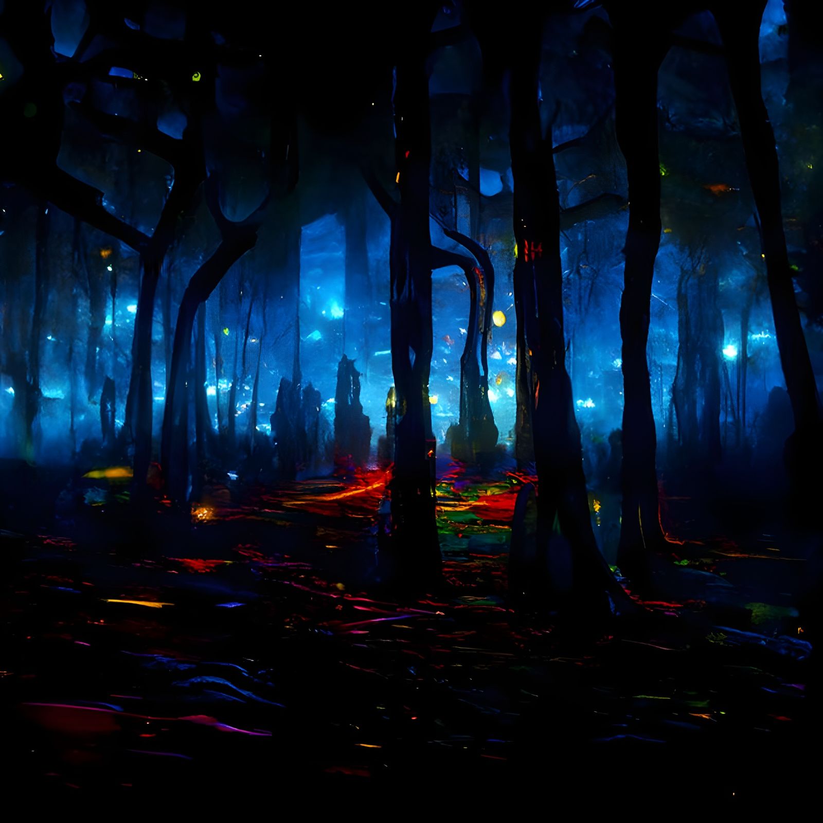 A dark forest with shafts of colorful light
