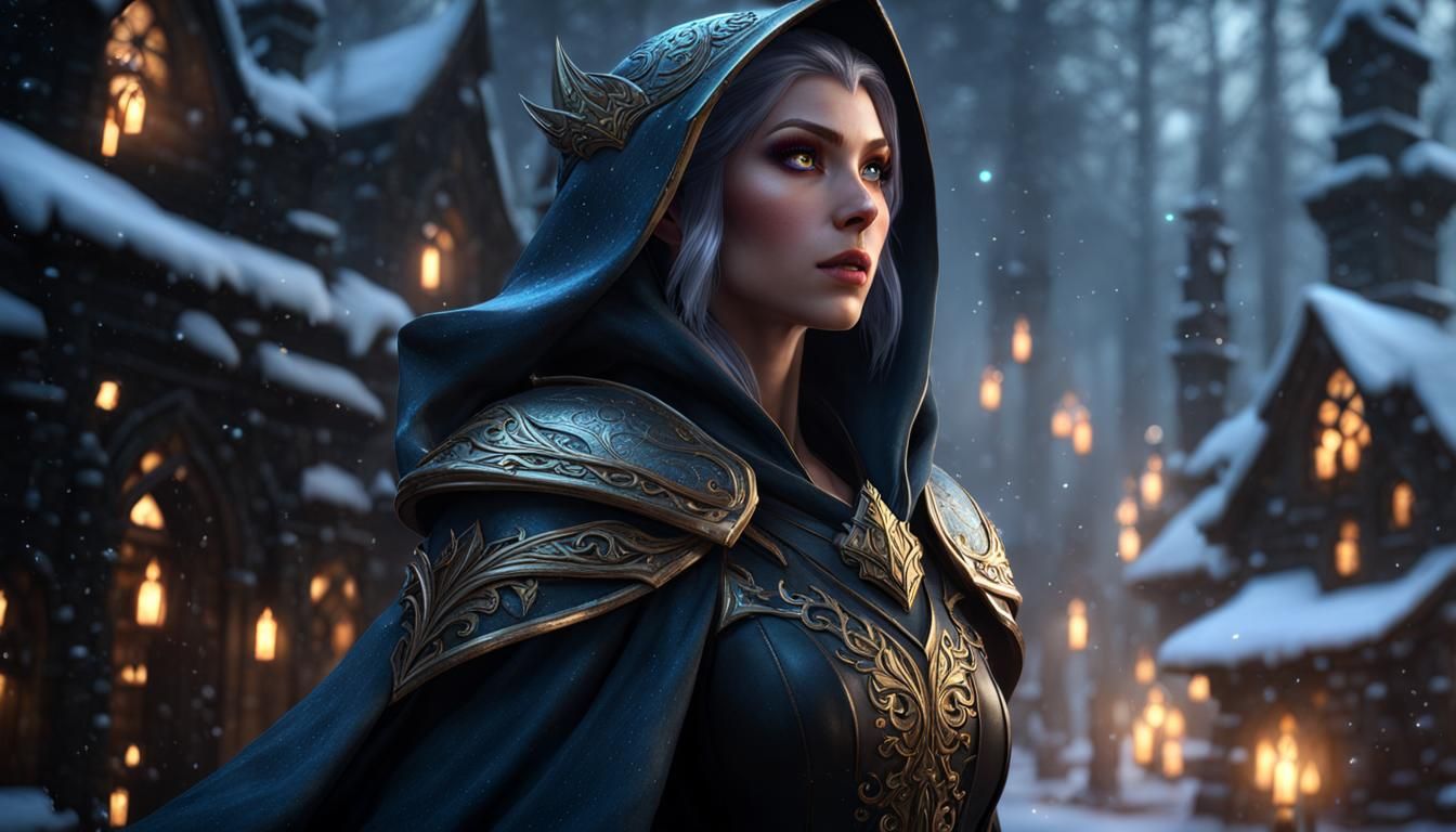 black robe, female elf, wizard, plate armor, snowing - AI Generated ...