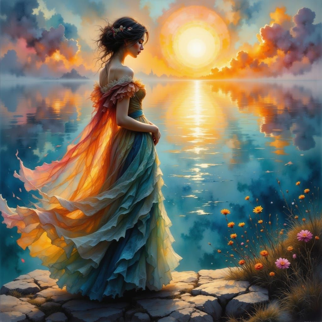 Ethereal Woman in Flowing Silk Dress at Dawn