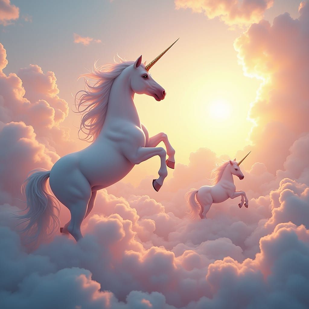 Majestic Unicorn Rears on Cumulus Cloud in Iridescent Whites...