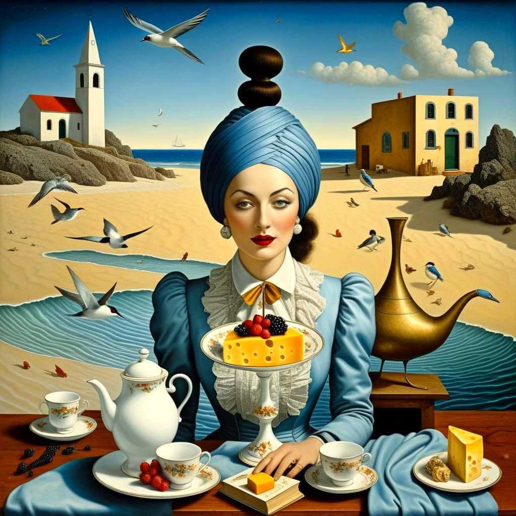 Surrealistic Portrait of a Happy Lady in Extravagant Surroun...