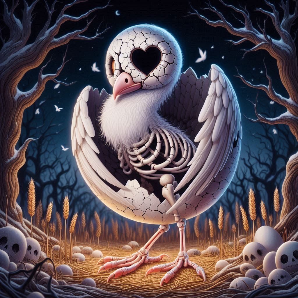 Skeletal Dove, Keeper of Fragile Love and Peace with Cracked Wings of Hope