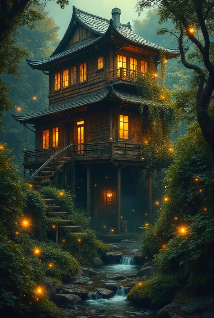 Japanese house in a mossy garden