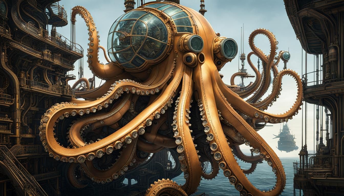Submarine in shape of mechanical fantastical scifi octopus b...