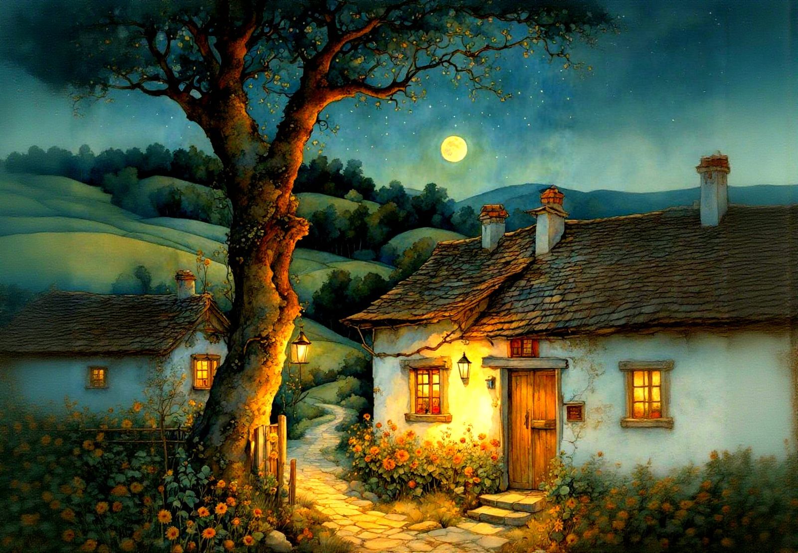 Night Over Rustic Village: Storybook Illustration