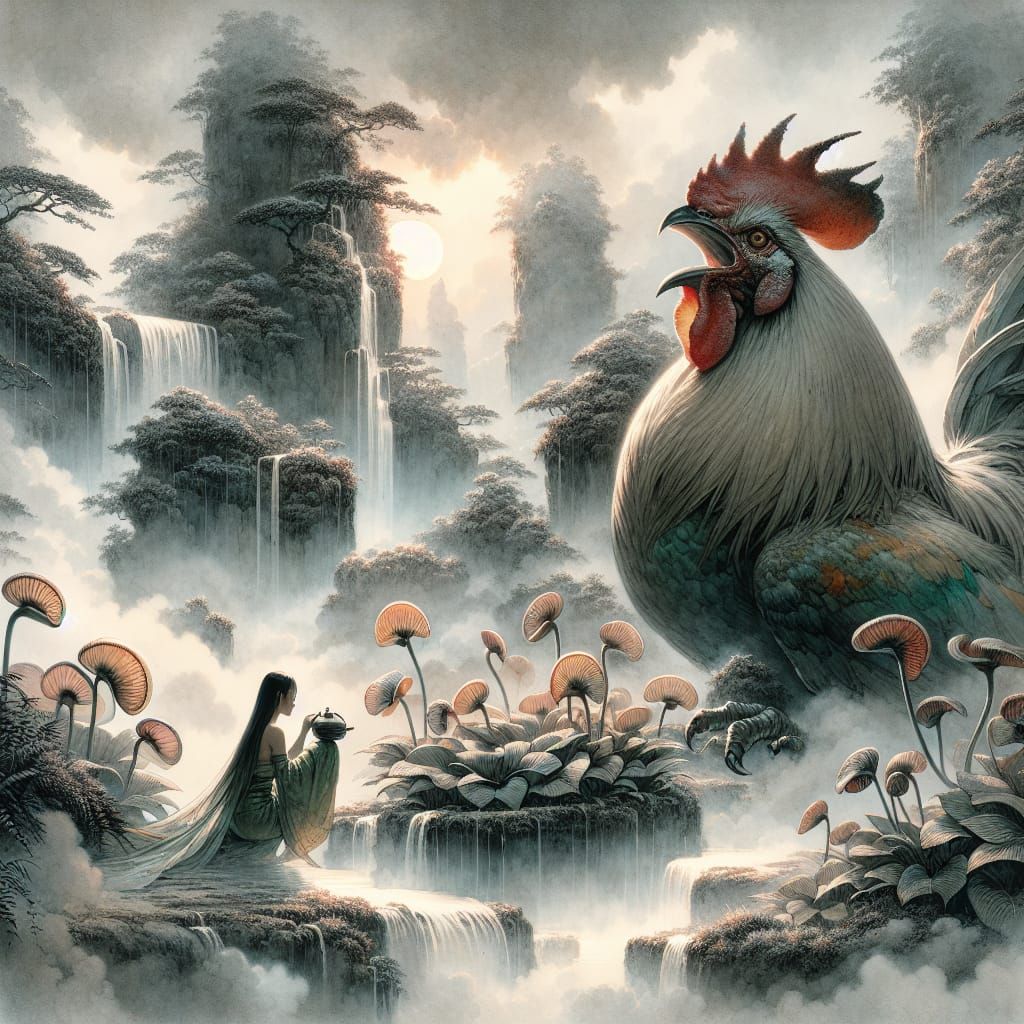 Surreal Ukiyo-e Inspired Watercolour of Rooster and Woman in...