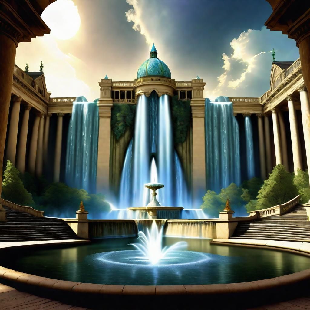 A grand waterfall situated within a park, depicted in fantas...