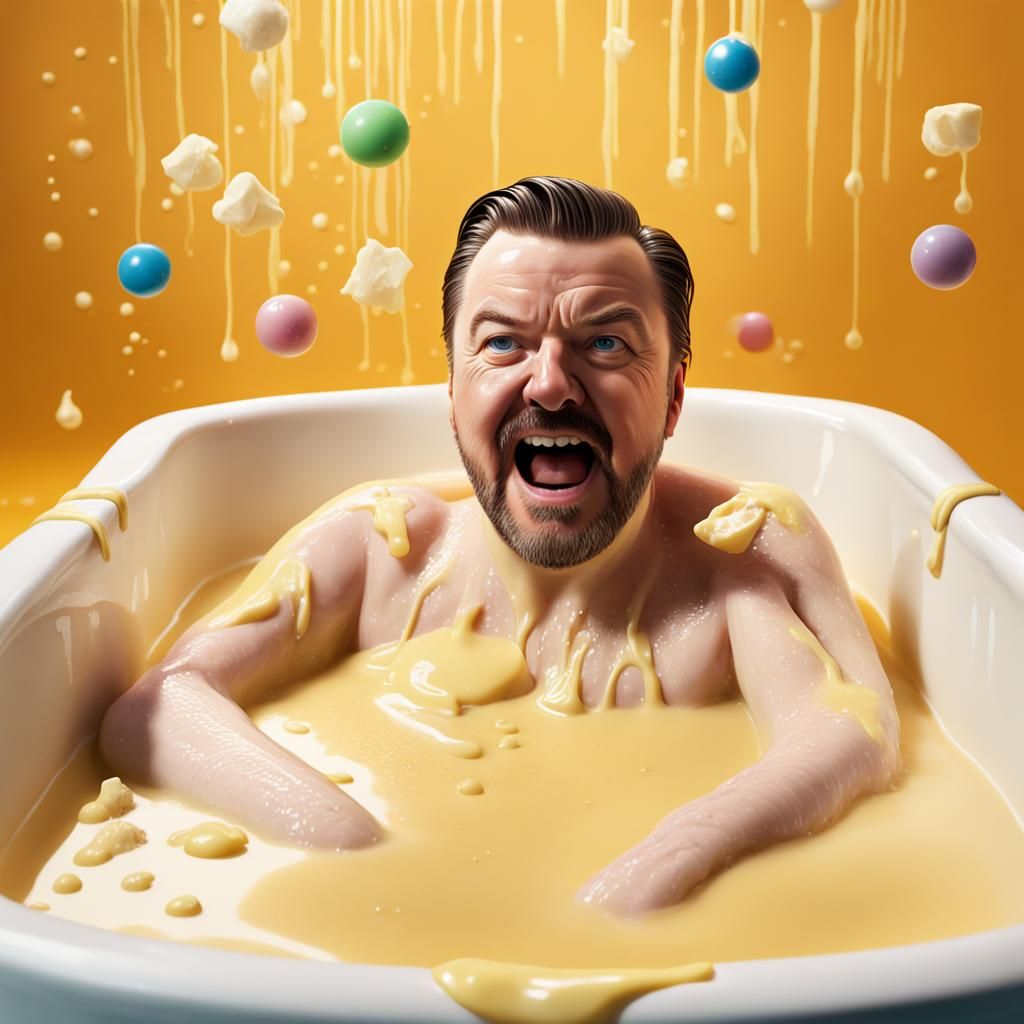 Ricky Gervais bathing in a tub in vanilla custard with bath toys - AI