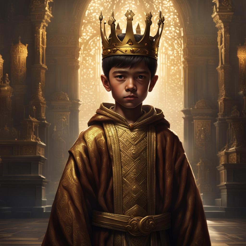 A ten year old boy who is a child emperor. He is wearing lon...