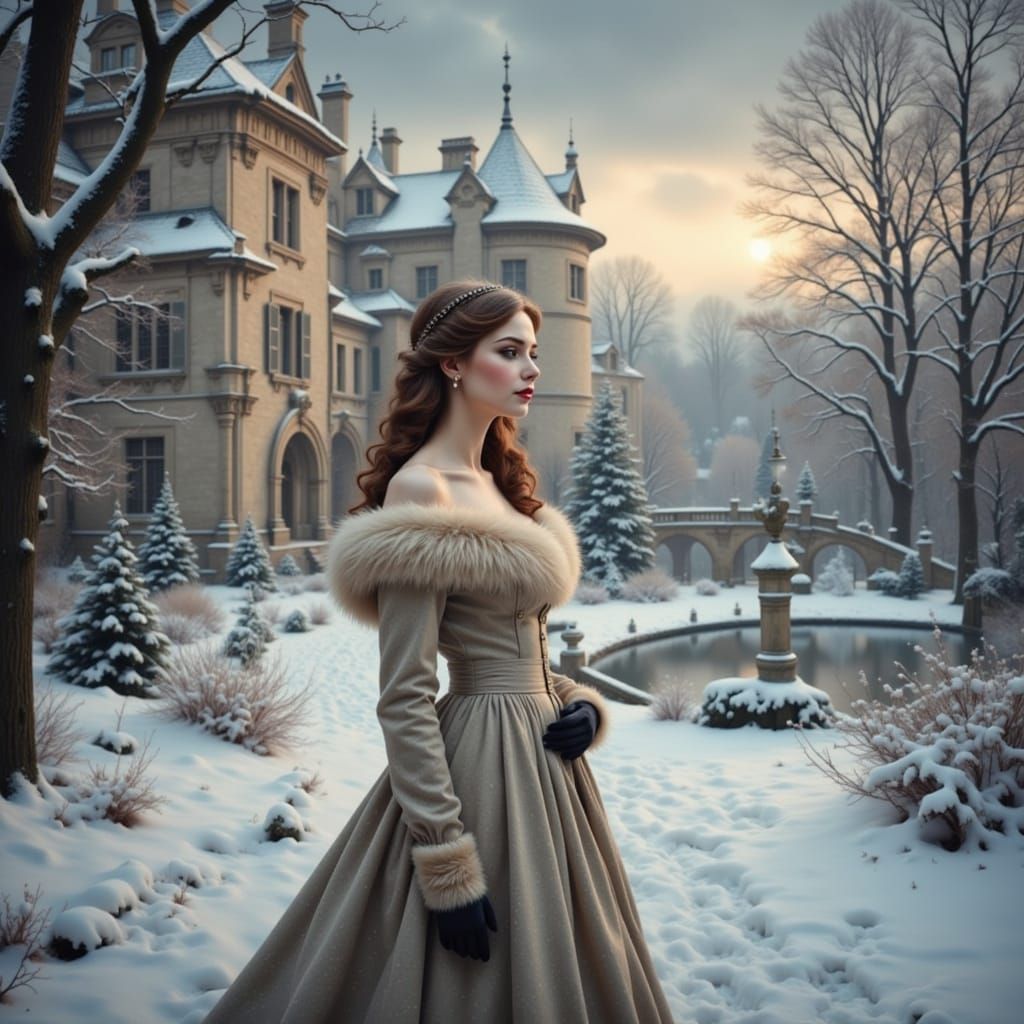 Beautiful Woman in Winter Clothes Before Palace