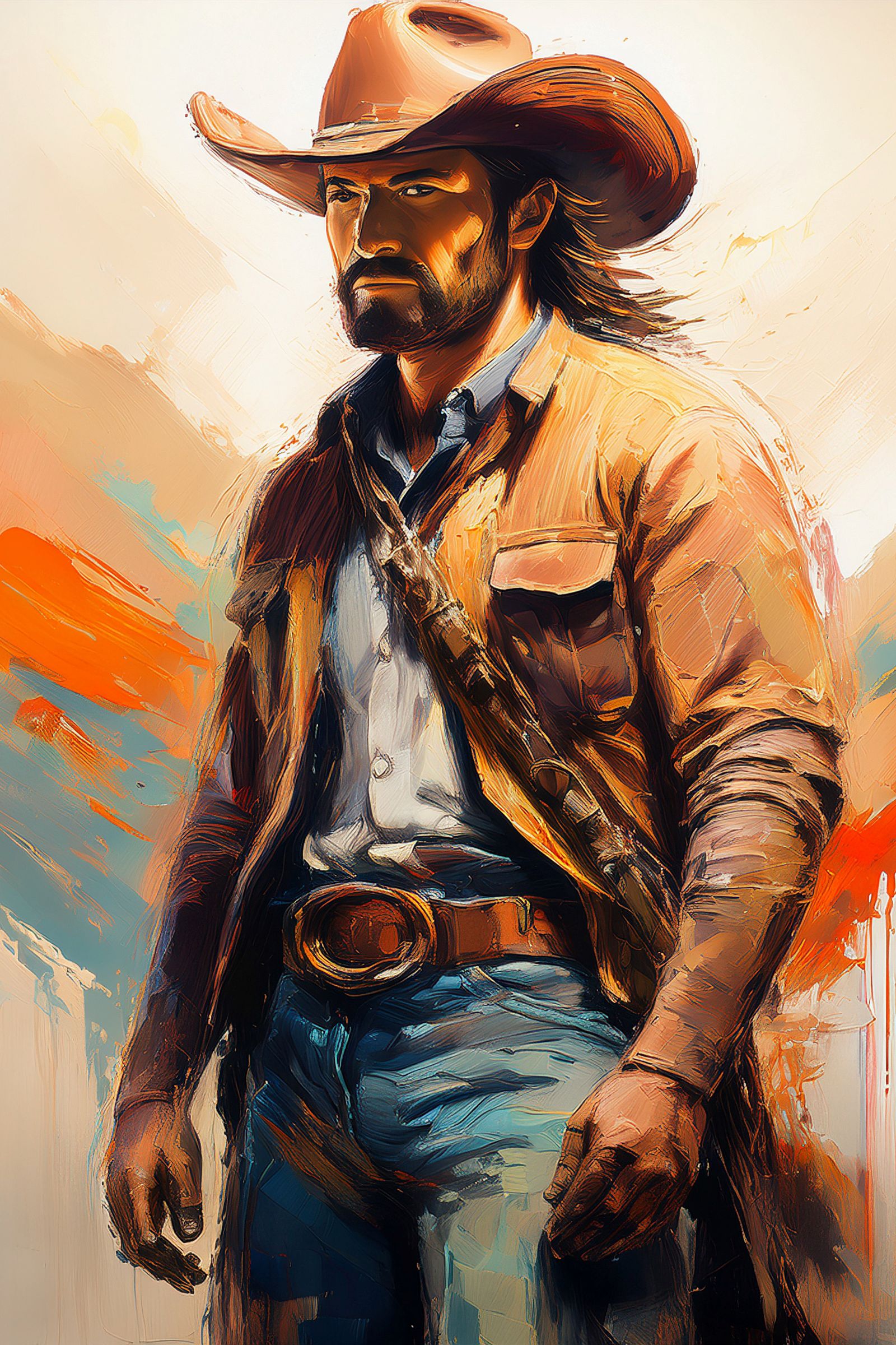 An impasto abstract painting of a rugged cowboy
