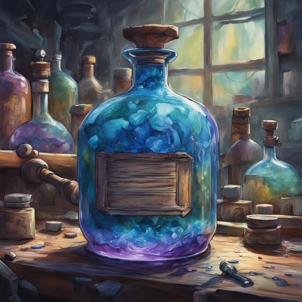 Surreal Potion Bottle Above Cosmic Workbench