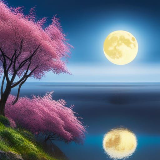 Dragon Flight Beneath Moonlit Blossoms in Digital Art
