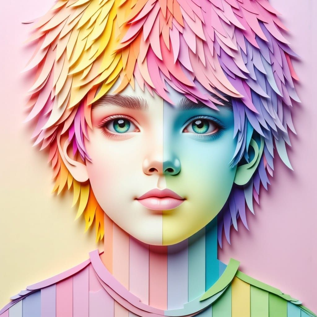 <lora:Paper Mosaic:1.0> A beautiful boy made of colorful pastel colors memo paper ombre like