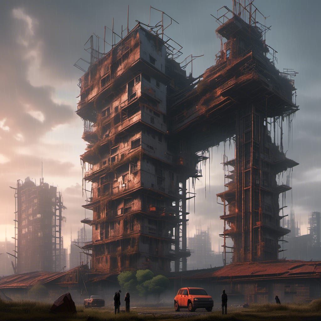  <lora:CyberGraal:1.0> Neo-Manchester, Cyberpunk Dystopia. A man stands on a wrecked vehicle, staring at the red setting sun.