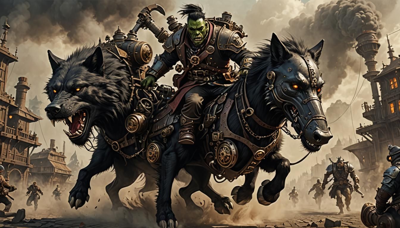An orc runs on the back of a black wolf.