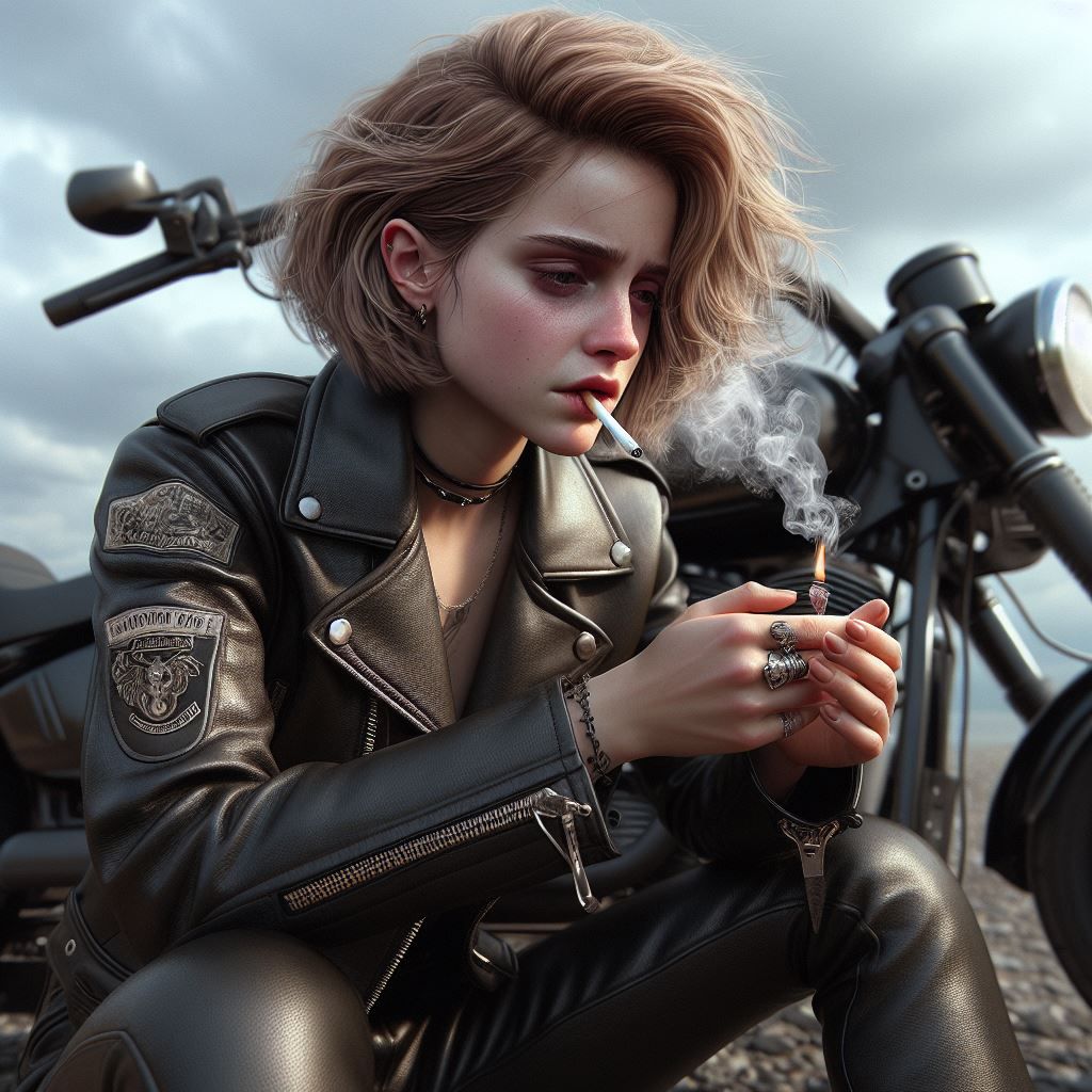 Emma Watson as Hermione Granger, biker girl in apocalyptic future
