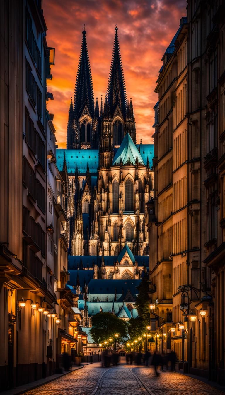 The Cologne Cathedral standing tall against a vibrant sunset...