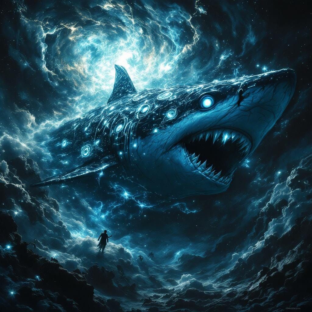 From the depths of a dark, swirling abyss, a colossal great white shark emerges, its lure adorned with glowing, biolumin...