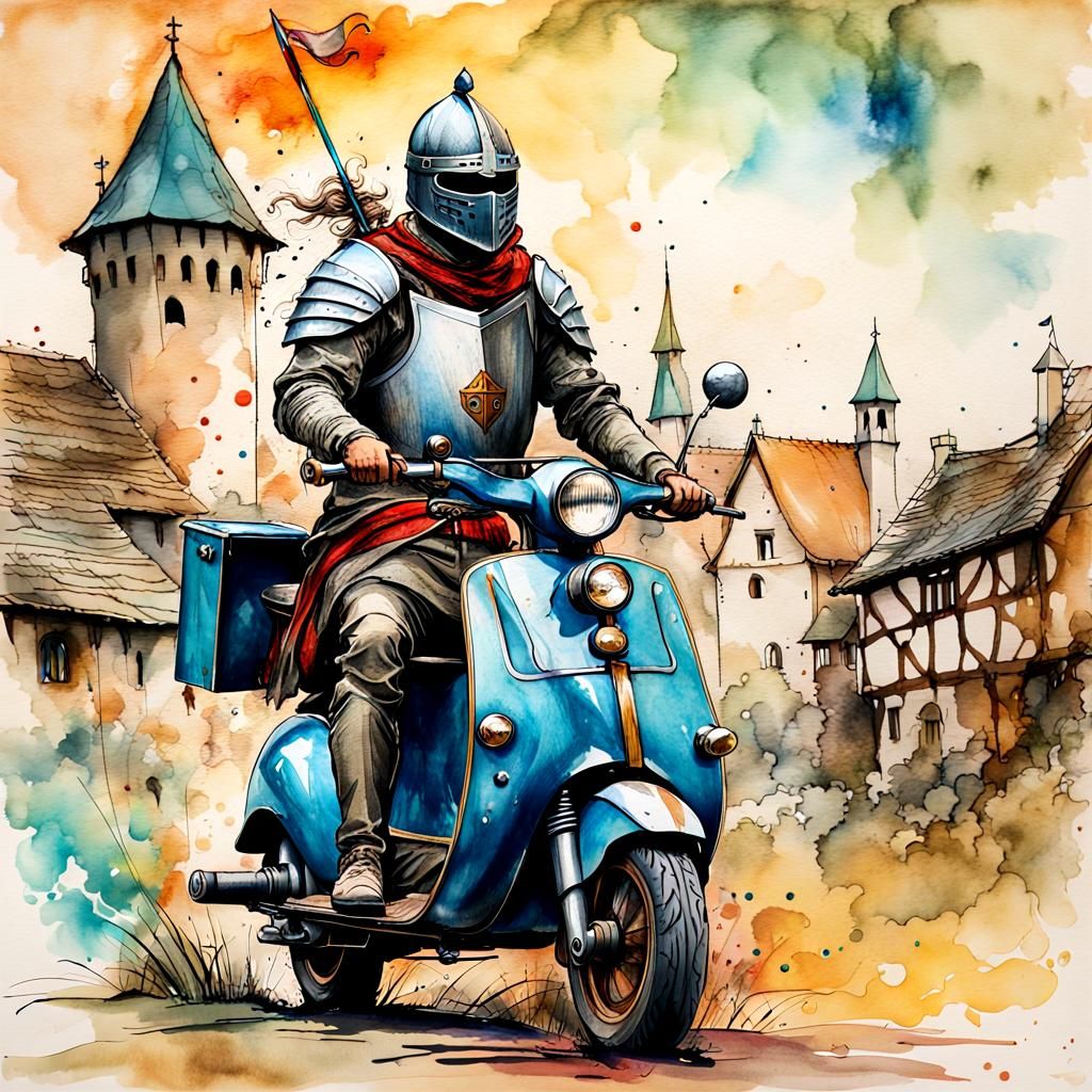 Medieval knight on a scooter   by @Ursula
