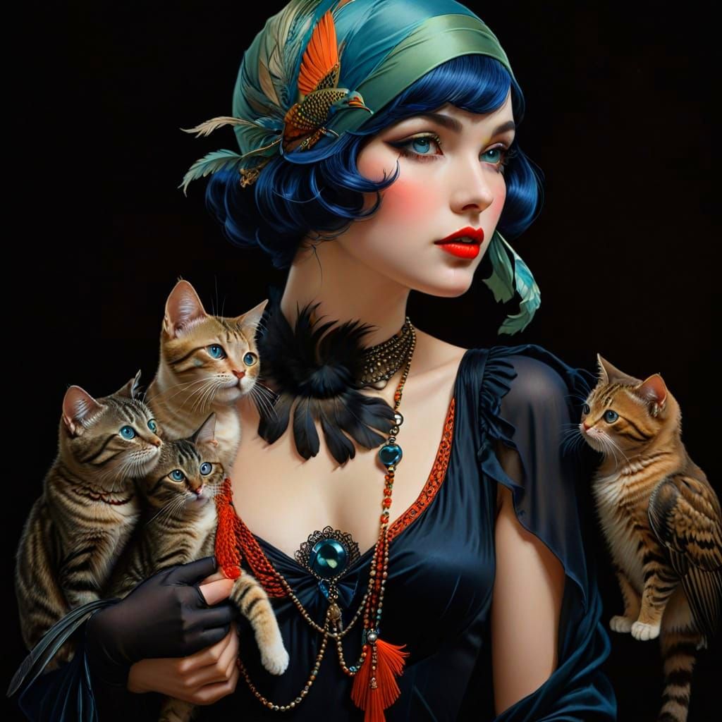 Vibrant Flapper Goddess with Feline and Avian Friends in Ric...