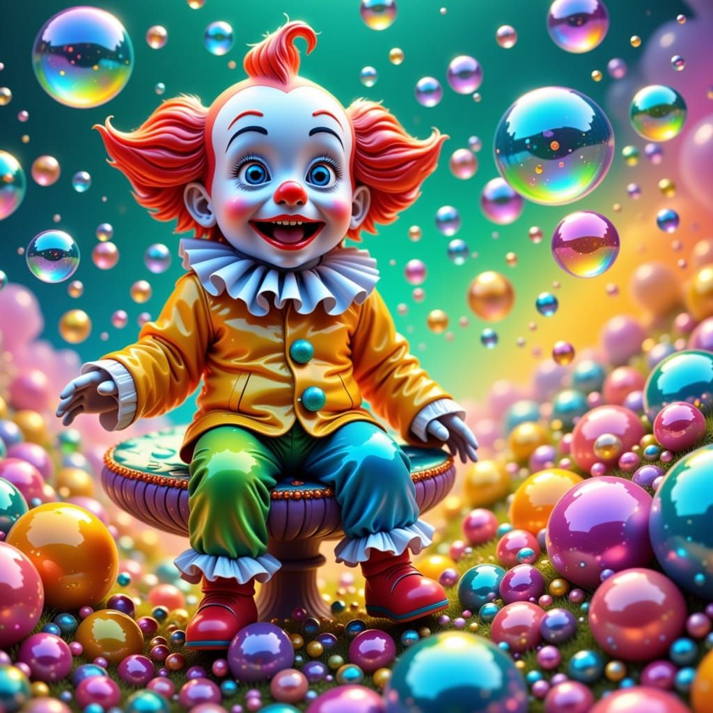 million bubbles, a big clown making a monstrous grimace, sitting on a mushroom in a landscape filled with bubbles<lora:Zeste-Citron Bubble1:...