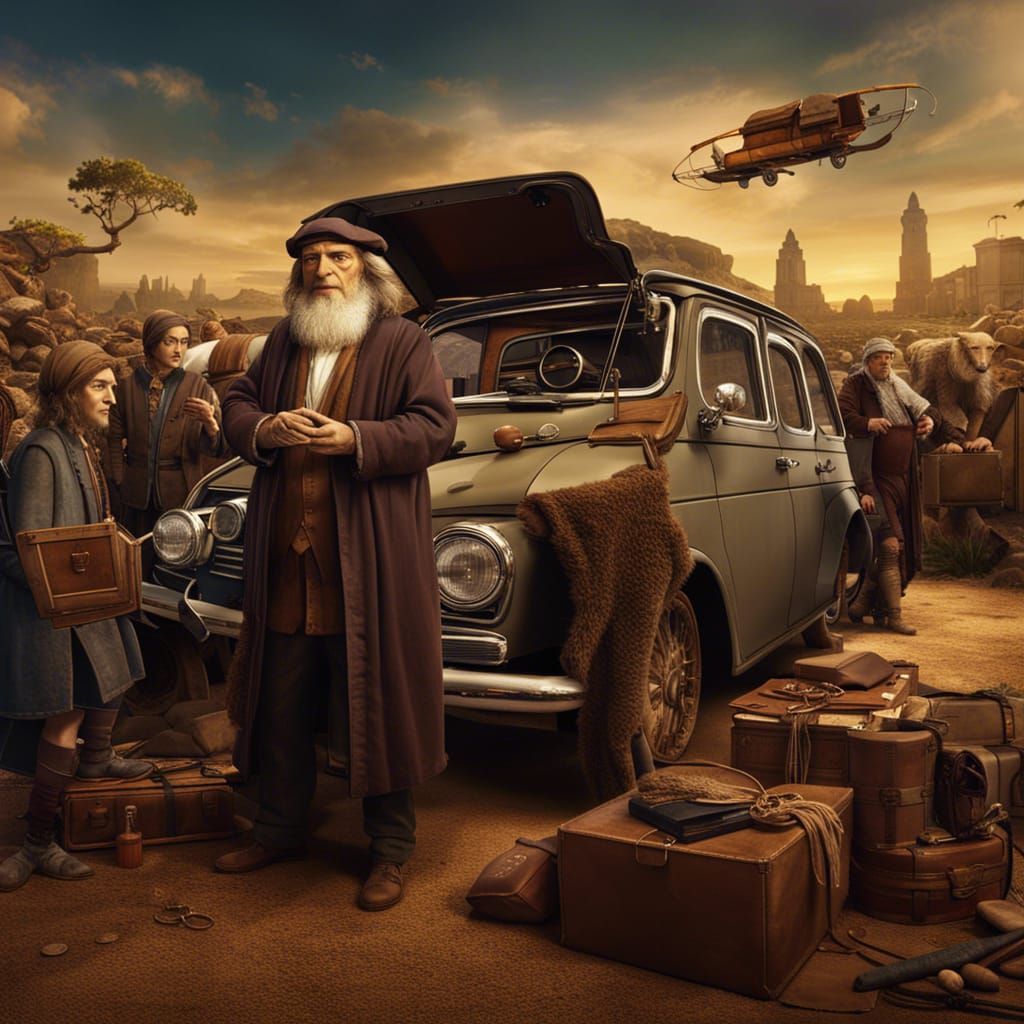 Leonardo da Vinci depicted as a used car salesman