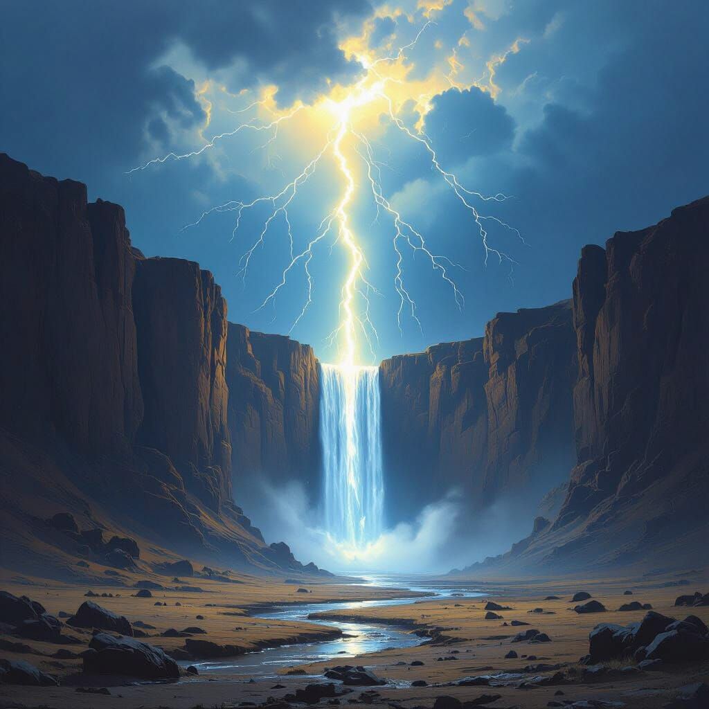 Lightning Strikes Solitary Cliff, Forms Waterfall in Wastela...