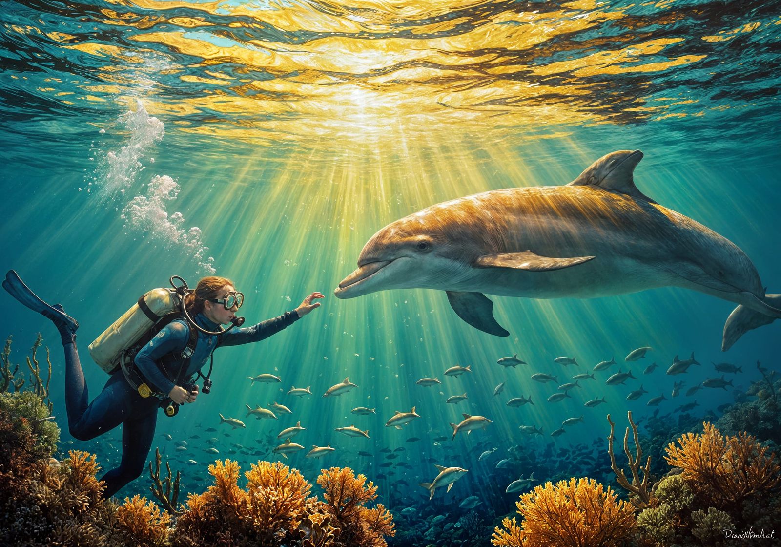 Diver reaches toward a curious dolphin mid-swim. The dolphin leans in ...  by @The Artlete 