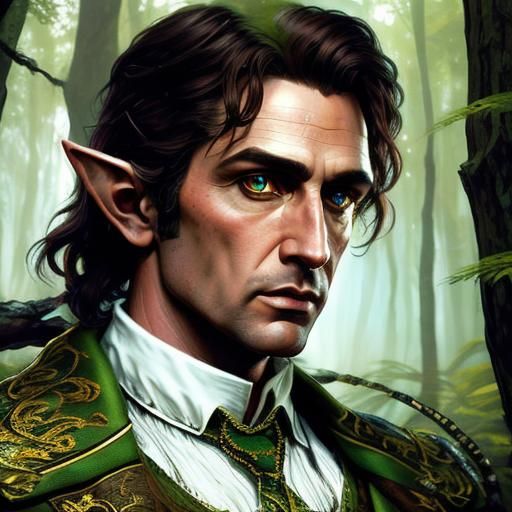<lora:DS8 portrait:1.0>Oil painting Portrait of an handsome elf ranger in the forest. By Anato Finnstark. Elaborate background. High resolut...