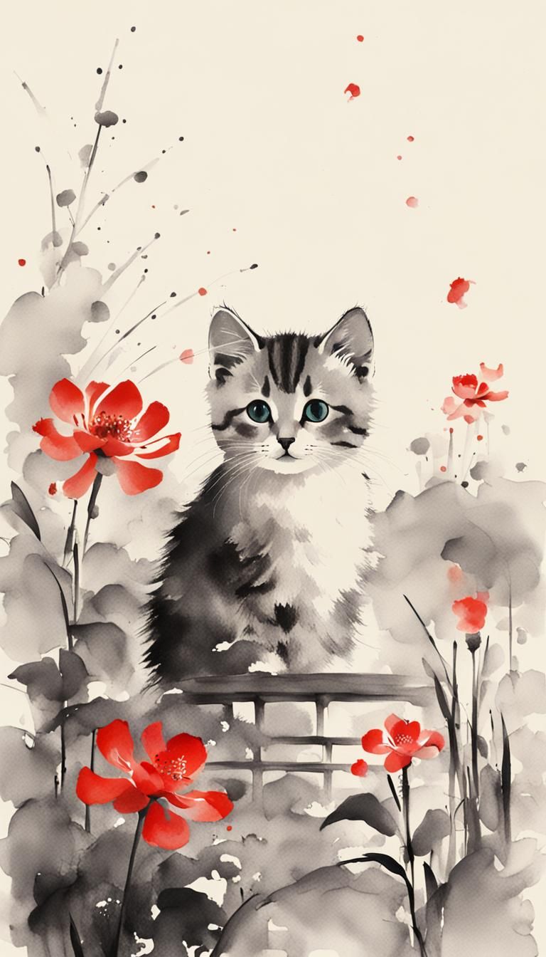 Kitten and flowers