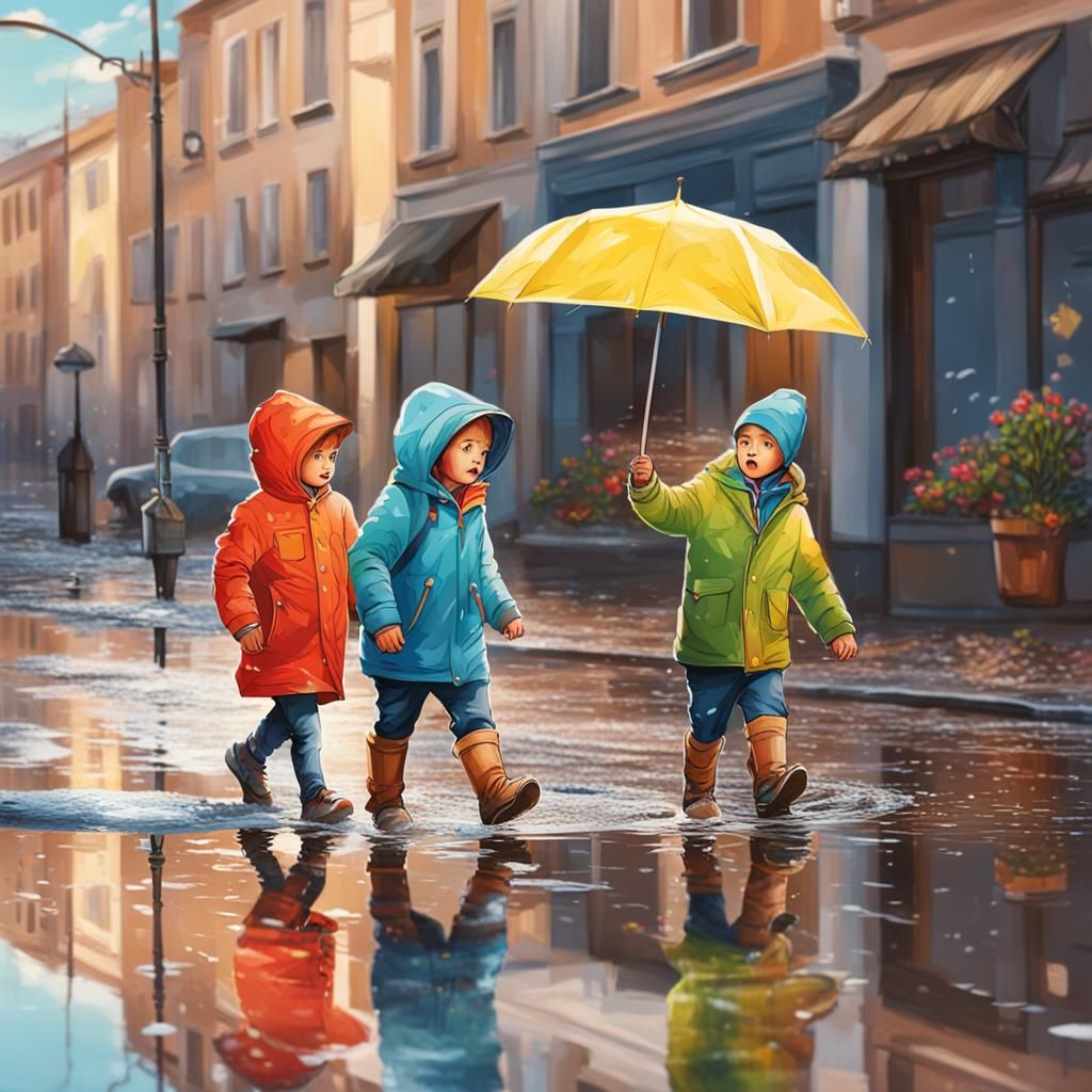 spring comes soon, the street, puddles of water, two childre...