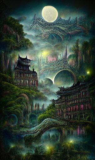 A forest ghost city with super detailed buildings in an over...