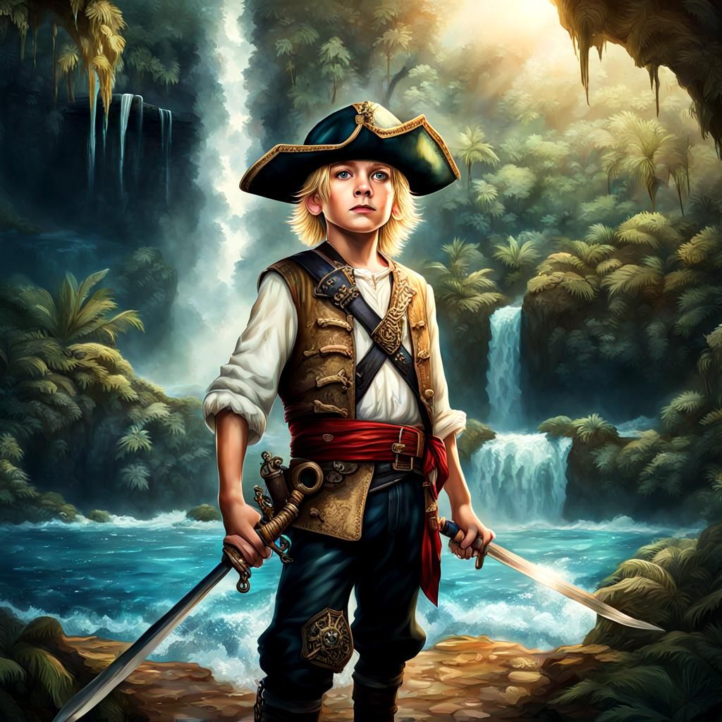 A young blond hair kid boy 8 years pirat style Victorian wit...