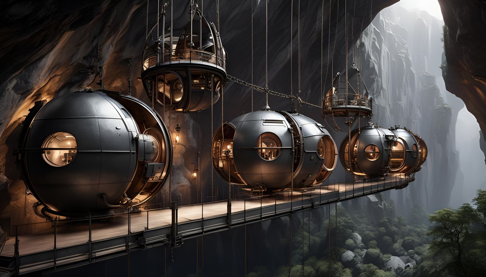 round anthracite-colored steampunk space habitation capsules...