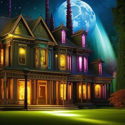 a 3D haunted mansion, spooky eldritch, luminous color sparkles ...
