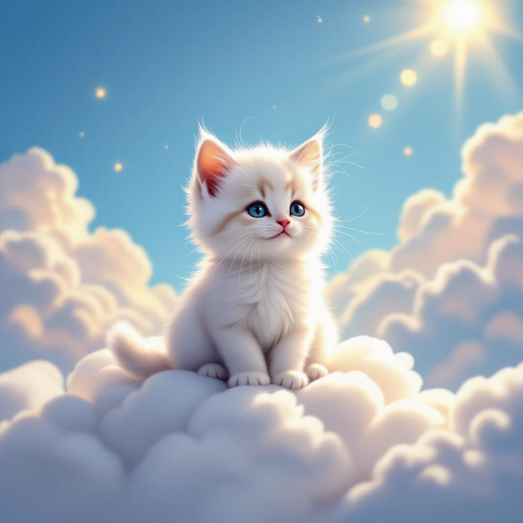 Fluffy White Kitten on Cloud in Dreamlike Digital Painting