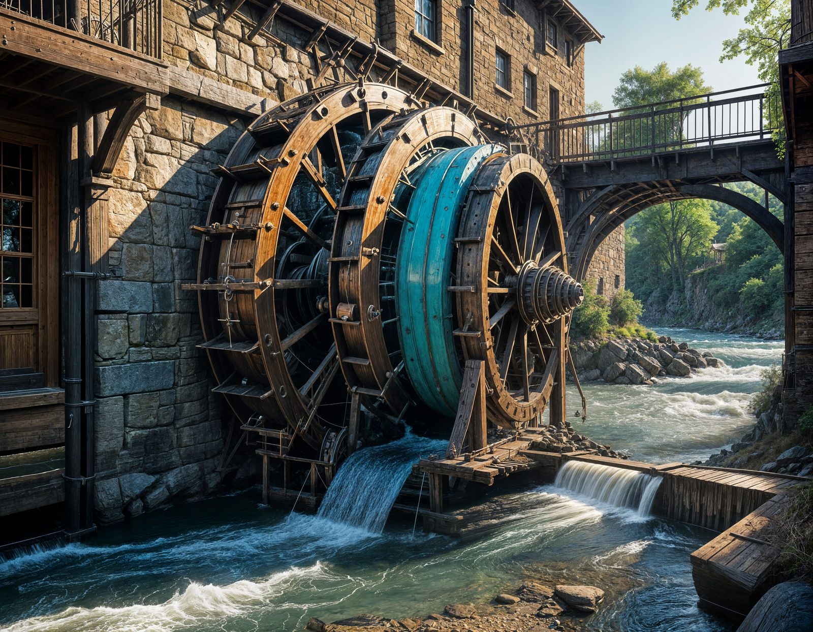 Shiftable 4:2:N:1 Gear-Reduction Waterwheel with a (N)eutral Full-Slip Gear and a Overflow Bypass Levee with Walkable ...  by @Defenestrated Feather