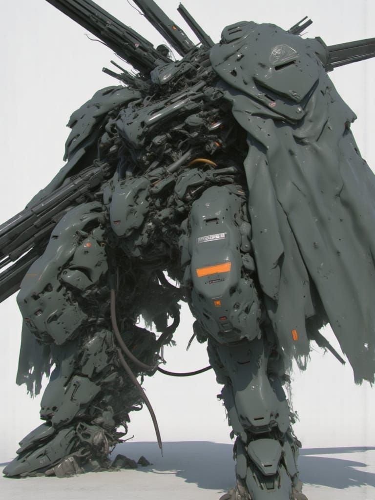 A incredible massive mecha heavy towering legs comically thick, with several weapons on shoulders, hes is a walking fortress with side shiel...