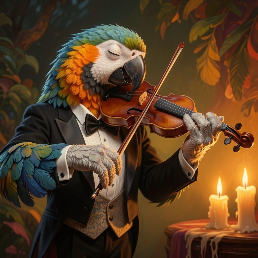 Parrot playing violin  by @Superbear