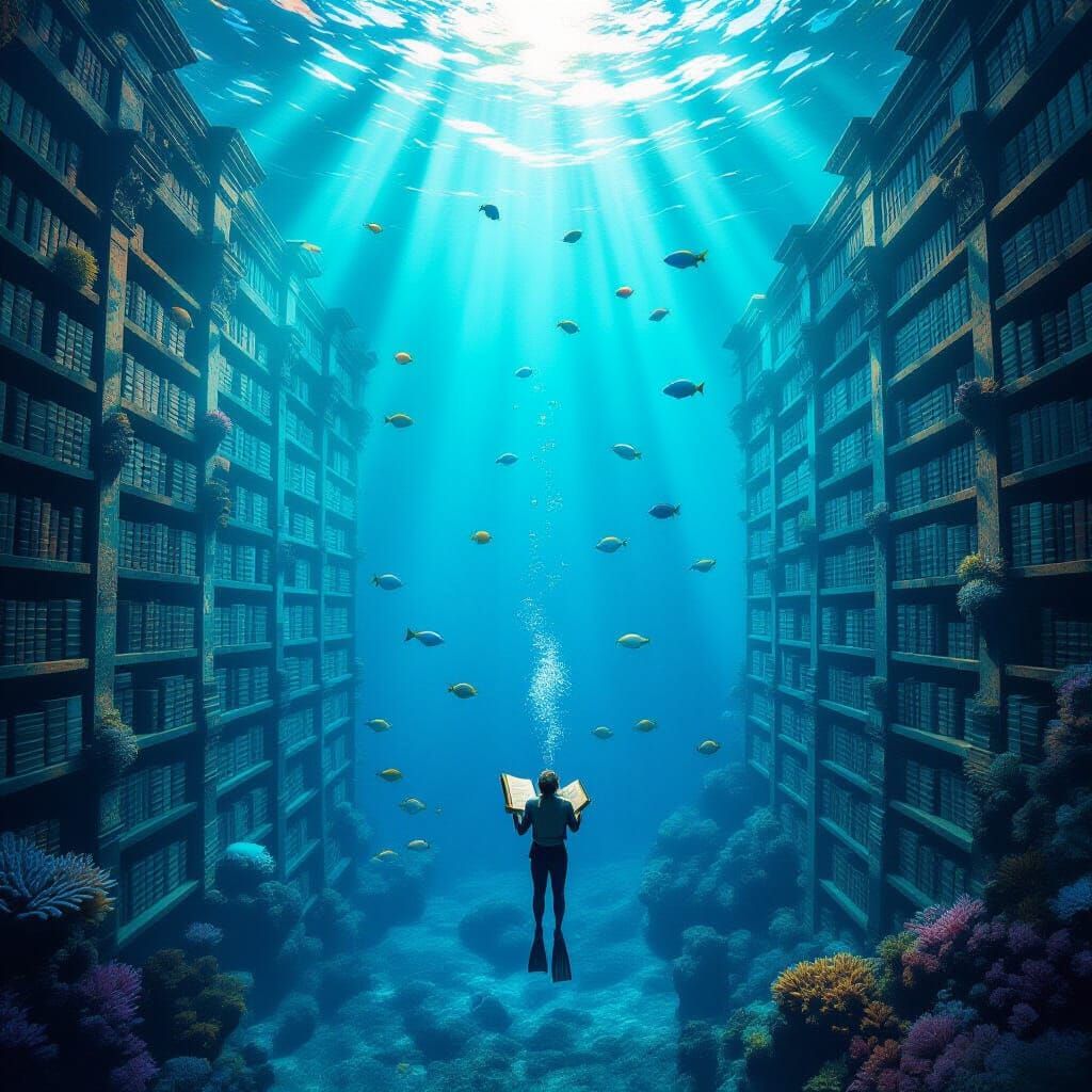 Underwater Library with Fish and Coral