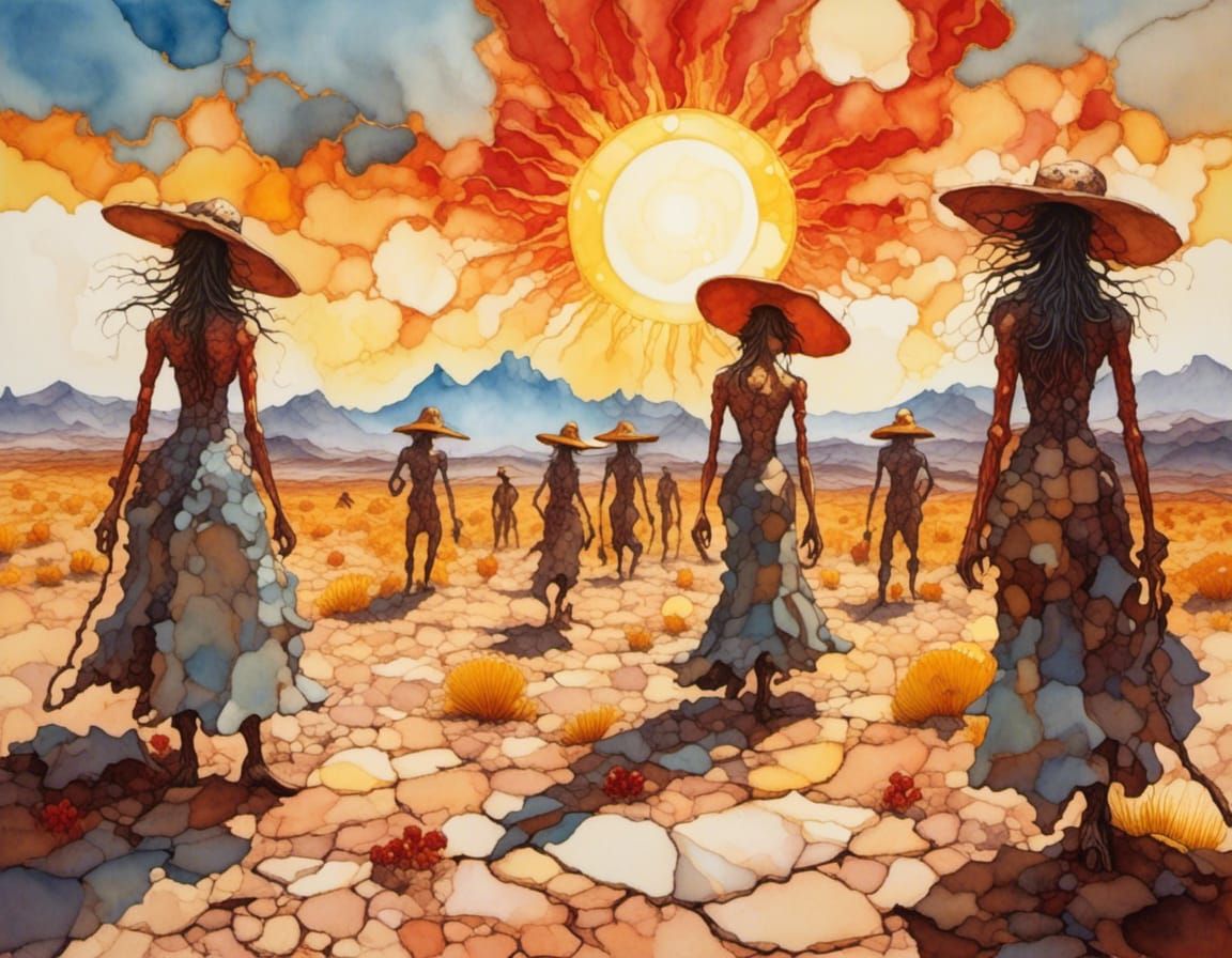 <lora:Hot Demonic Weather:1.0> Giants walking across the landscape horizontally, with big floppy sunhats, scorching sun