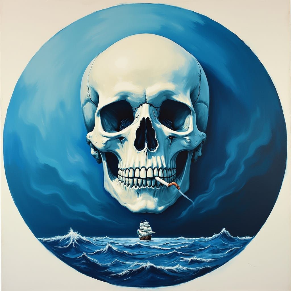 Surreal Skull with Pirate Ship, Oil Painting Style