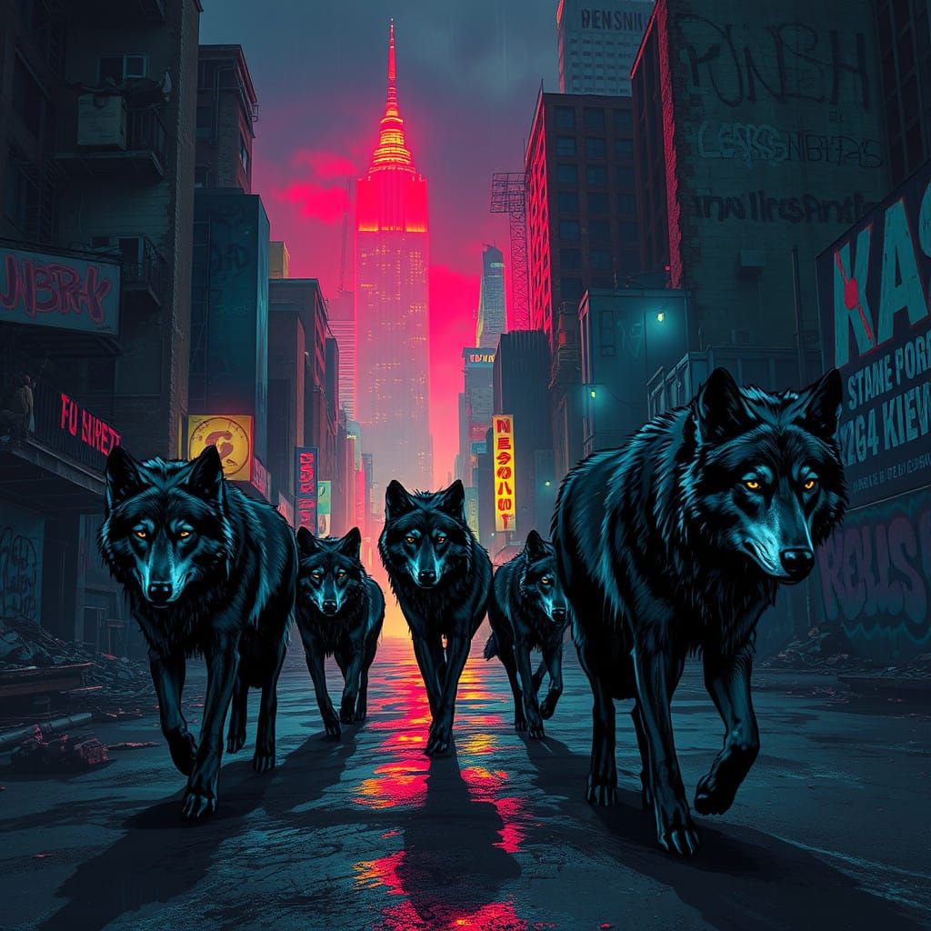 Wolves Roam Desolate Dystopian Cityscapes in Neon Glow