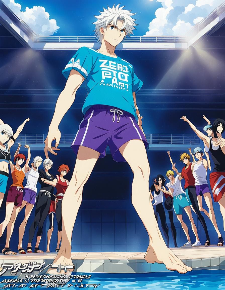 A teen guy with white hair is wearing purple swimming trunks...