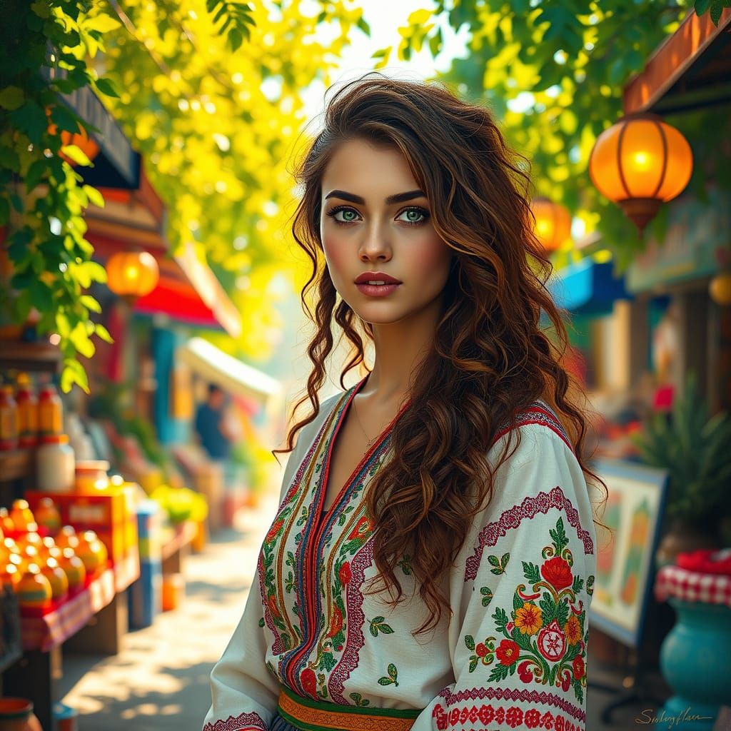 Young Israeli Woman in Vibrant Market Scene, Impressionist S...