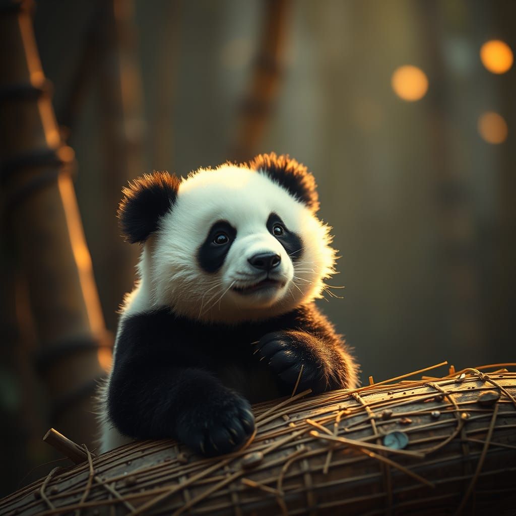 Adorable Baby Panda on Bamboo Branch