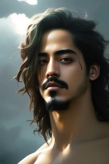 Avan Jogia full body portrait, shirtless, barefoot, long hai...