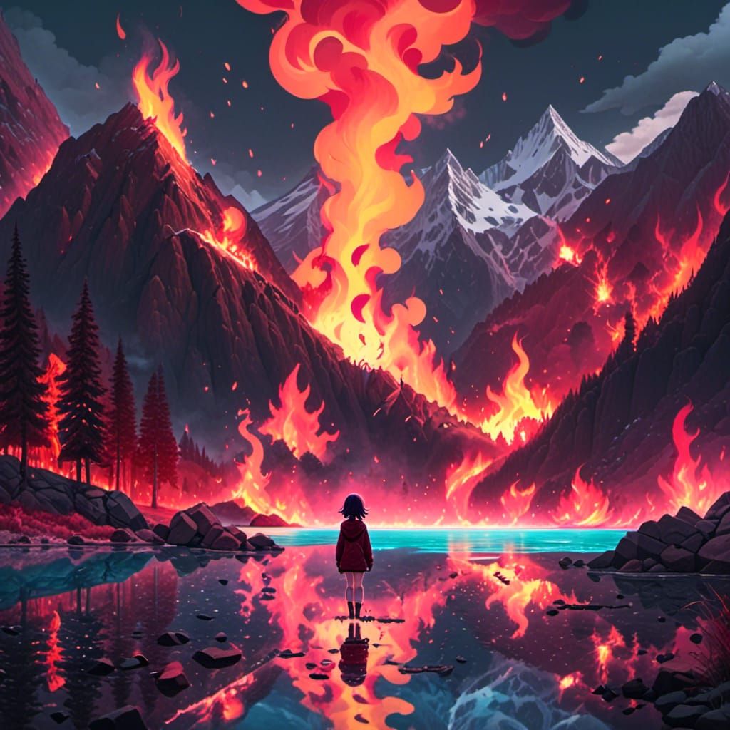 <lora:Calamity Beauties XL:1.0>, dark mood, moody, dark theme, beautiful lake with tall dark mountains in the background, by Hikari Shimoda,...