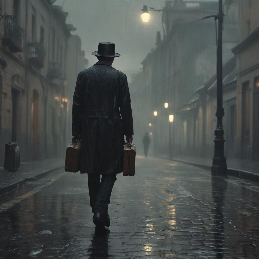בחור אורתודוקסי ליטאי צעיר עם כובע וחליפה הולך ברחוב גשום וחשוך וגורר מזוודה גדולה
